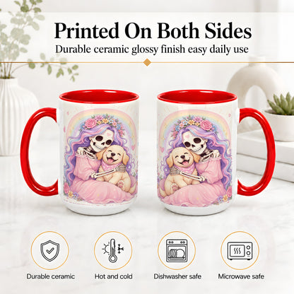 #pl[15oz|Red] Pastel Skeleton Dog Ceramic Mug, Floral Rainbow Art for Dog Lovers