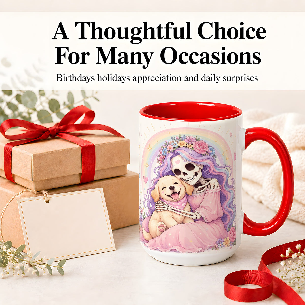 #pl[15oz|Red] Pastel Skeleton Dog Ceramic Mug, Floral Rainbow Art for Dog Lovers