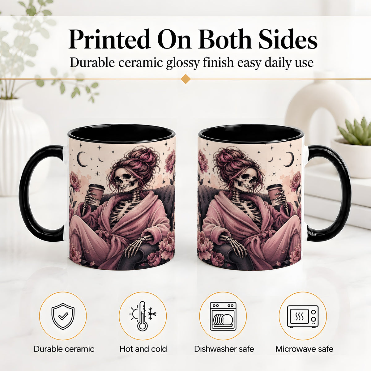 #pl[11oz|Black] Pink Skeleton Coffee Ceramic Mug, Gothic Floral Art for Coffee Fans