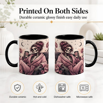#pl[11oz|Black] Pink Skeleton Coffee Ceramic Mug, Gothic Floral Art for Coffee Fans