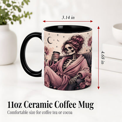 #pl[11oz|Black] Pink Skeleton Coffee Ceramic Mug, Gothic Floral Art for Coffee Fans