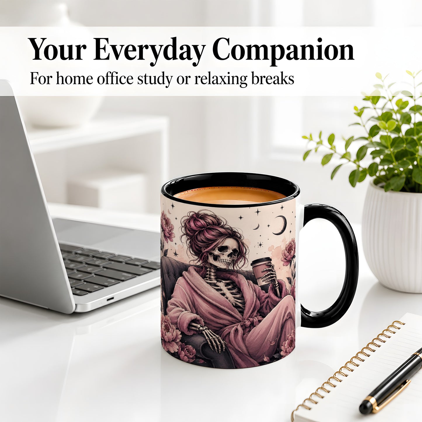 #pl[11oz|Black] Pink Skeleton Coffee Ceramic Mug, Gothic Floral Art for Coffee Fans
