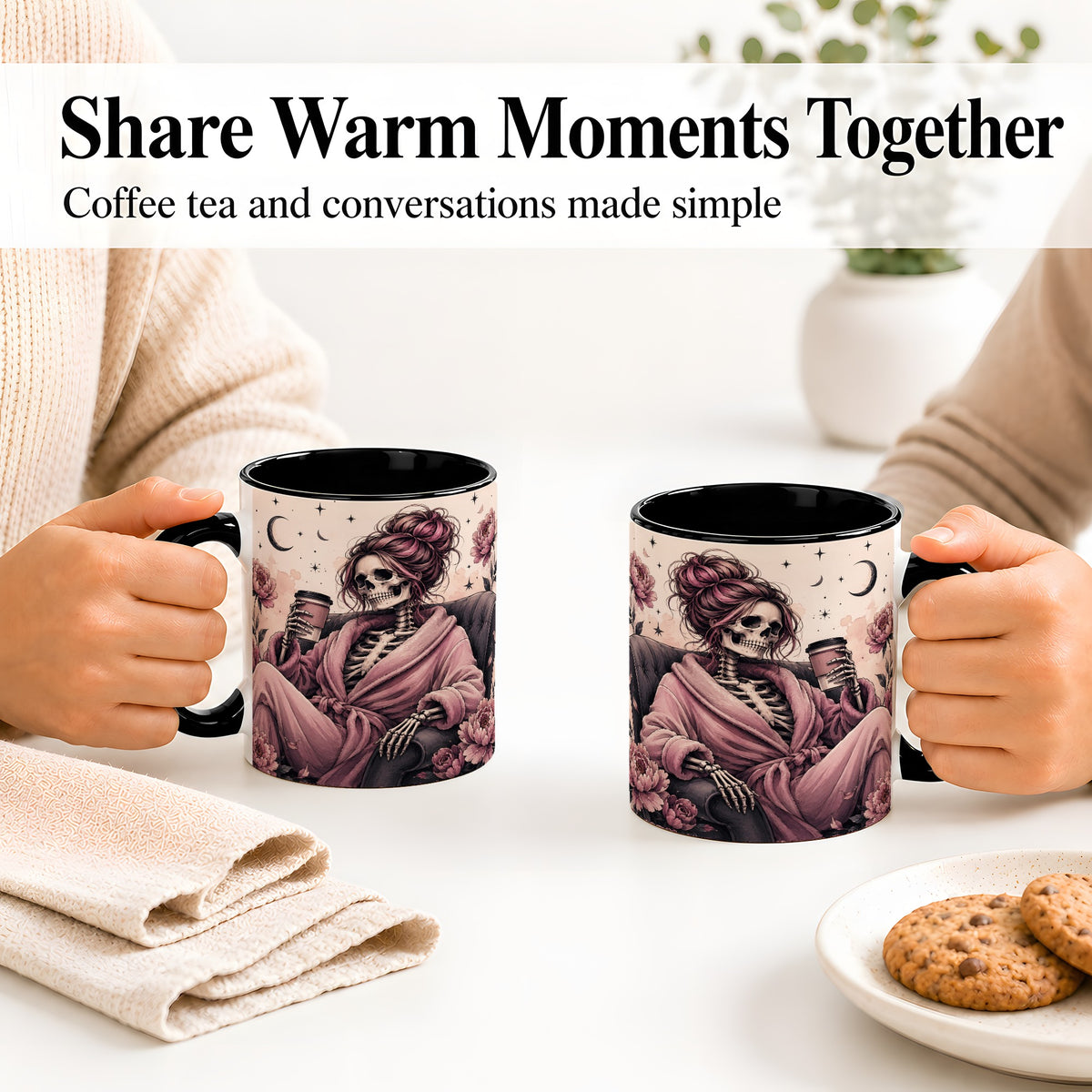 #pl[11oz|Black] Pink Skeleton Coffee Ceramic Mug, Gothic Floral Art for Coffee Fans