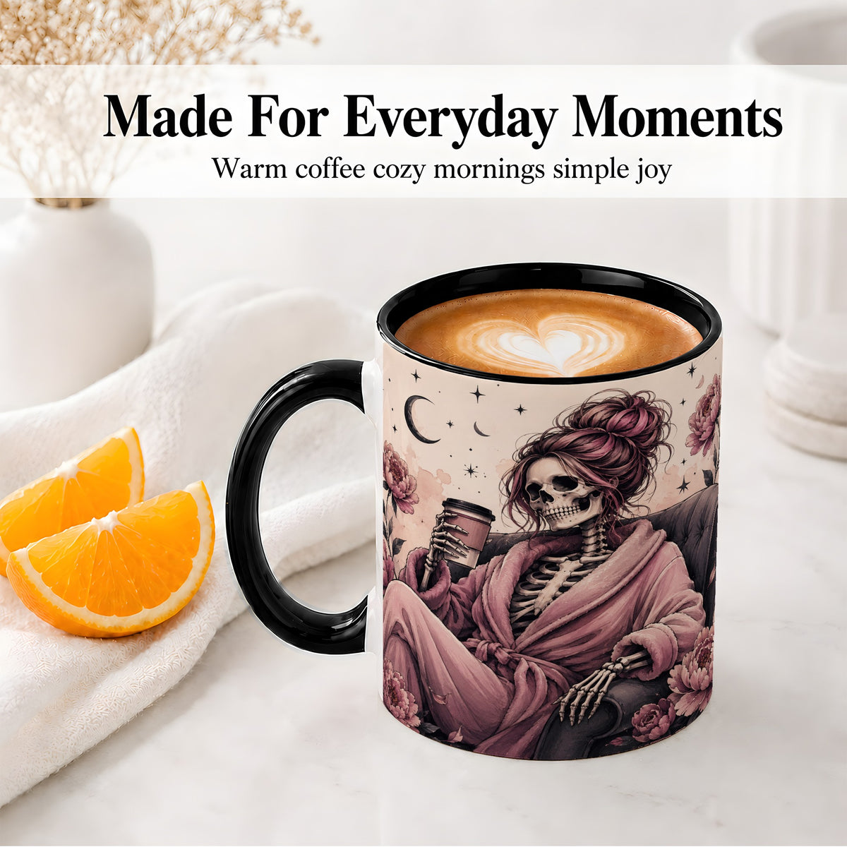 #pl[11oz|Black] Pink Skeleton Coffee Ceramic Mug, Gothic Floral Art for Coffee Fans