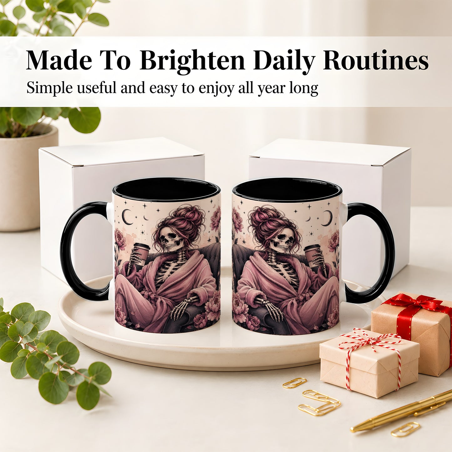 #pl[11oz|Black] Pink Skeleton Coffee Ceramic Mug, Gothic Floral Art for Coffee Fans