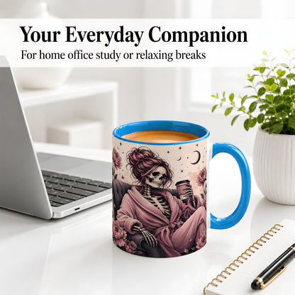 #pl[11oz|Blue] Pink Skeleton Coffee Ceramic Mug, Gothic Floral Art for Coffee Fans