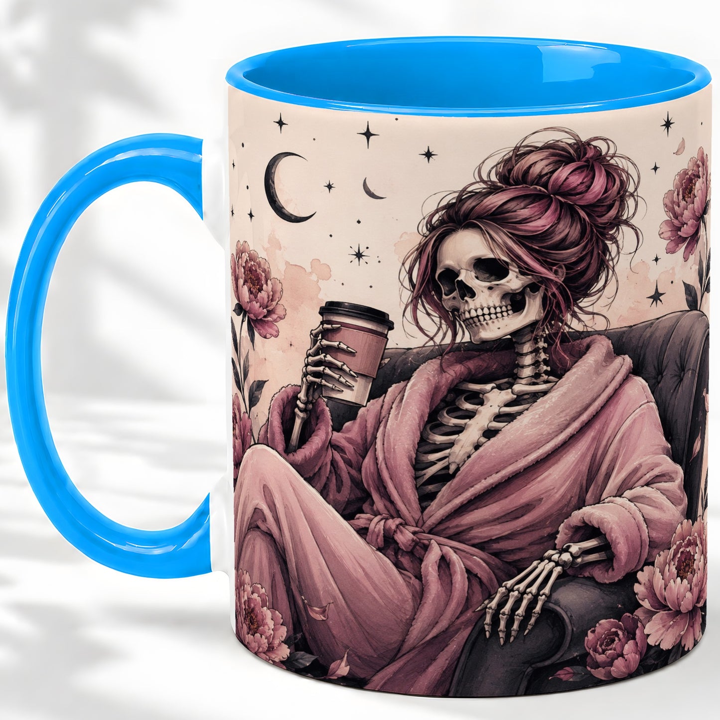 #pl[11oz|Blue] Pink Skeleton Coffee Ceramic Mug, Gothic Floral Art for Coffee Fans