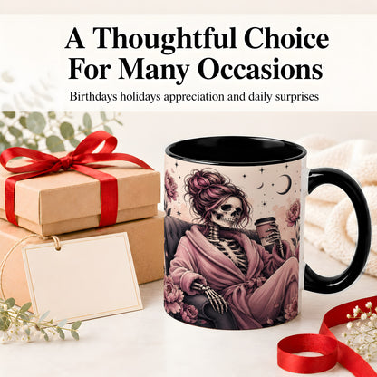 #pl[11oz|Black] Pink Skeleton Coffee Ceramic Mug, Gothic Floral Art for Coffee Fans
