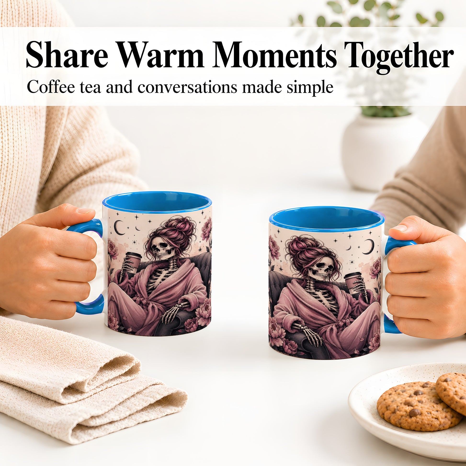 #pl[11oz|Blue] Pink Skeleton Coffee Ceramic Mug, Gothic Floral Art for Coffee Fans