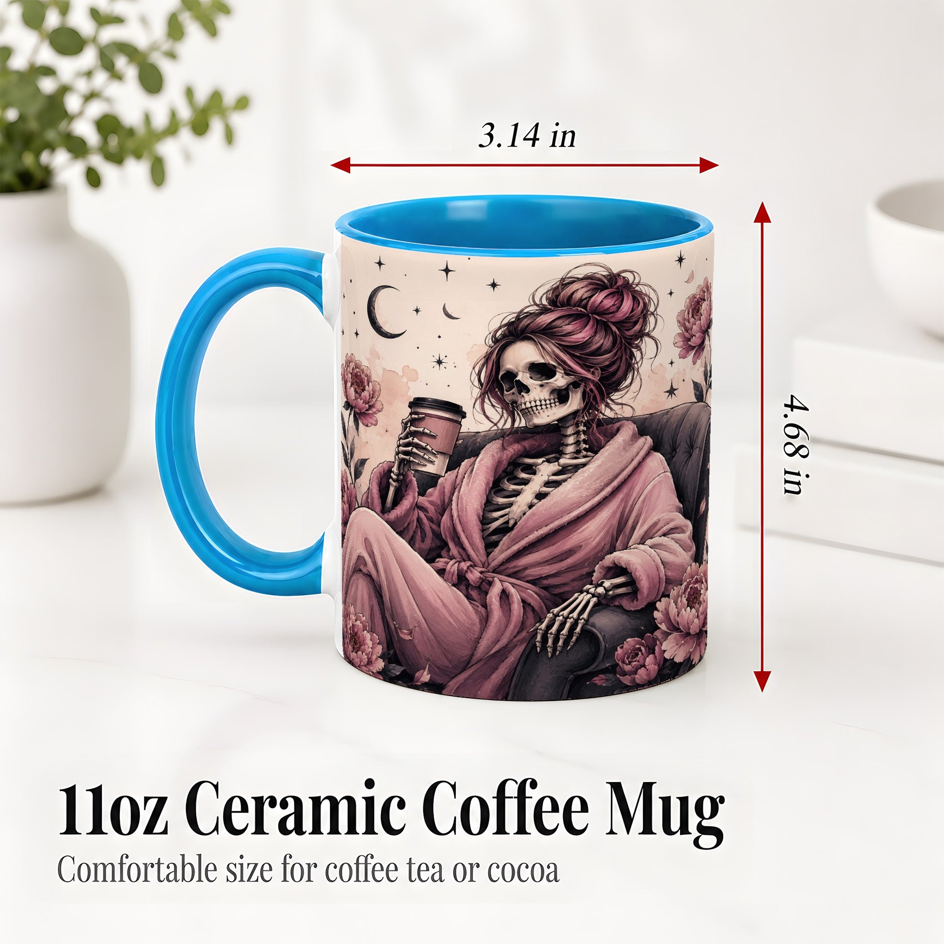 #pl[11oz|Blue] Pink Skeleton Coffee Ceramic Mug, Gothic Floral Art for Coffee Fans