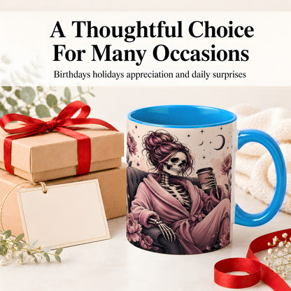 #pl[11oz|Blue] Pink Skeleton Coffee Ceramic Mug, Gothic Floral Art for Coffee Fans