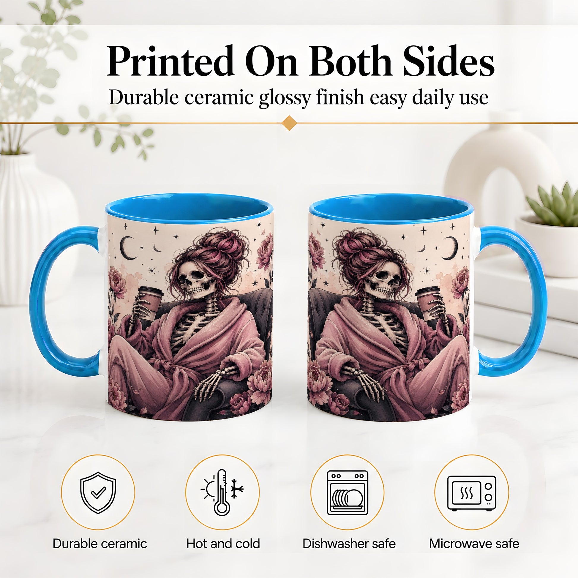 #pl[11oz|Blue] Pink Skeleton Coffee Ceramic Mug, Gothic Floral Art for Coffee Fans