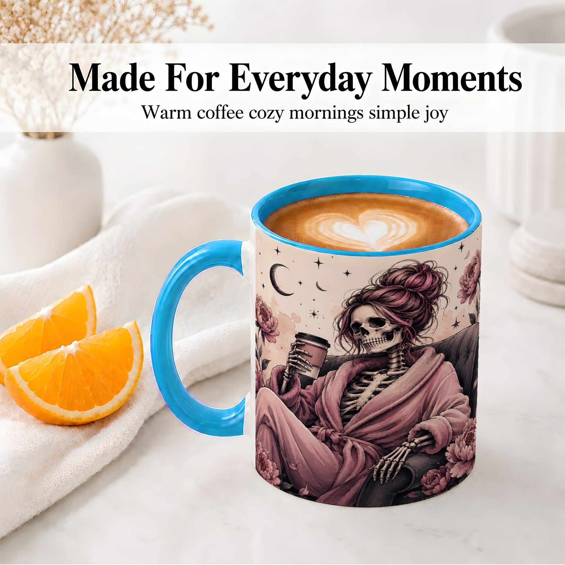 #pl[11oz|Blue] Pink Skeleton Coffee Ceramic Mug, Gothic Floral Art for Coffee Fans