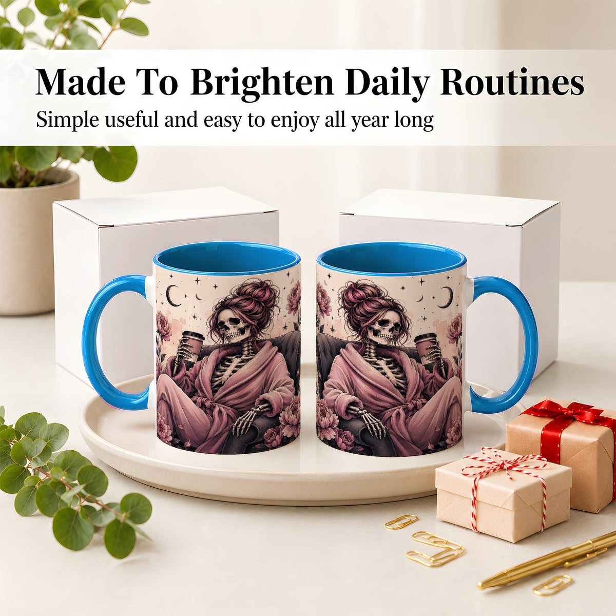 #pl[11oz|Blue] Pink Skeleton Coffee Ceramic Mug, Gothic Floral Art for Coffee Fans