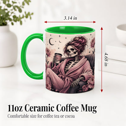 #pl[11oz|Green] Pink Skeleton Coffee Ceramic Mug, Gothic Floral Art for Coffee Fans