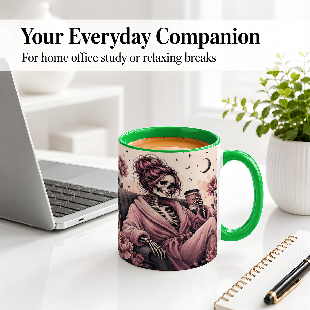 #pl[11oz|Green] Pink Skeleton Coffee Ceramic Mug, Gothic Floral Art for Coffee Fans