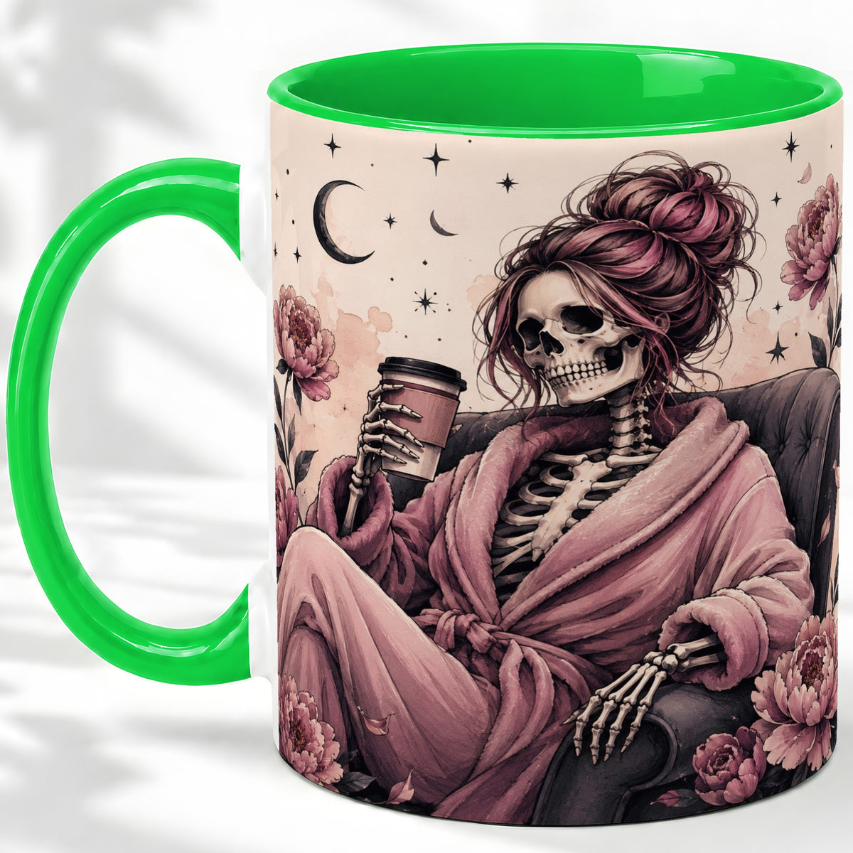 #pl[11oz|Green] Pink Skeleton Coffee Ceramic Mug, Gothic Floral Art for Coffee Fans