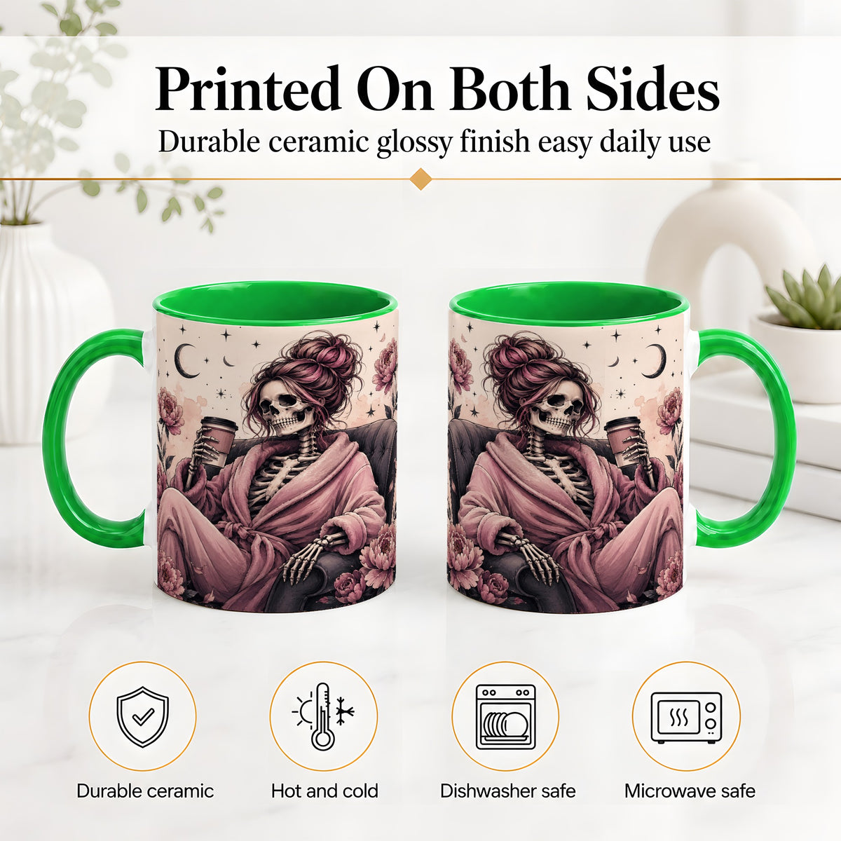 #pl[11oz|Green] Pink Skeleton Coffee Ceramic Mug, Gothic Floral Art for Coffee Fans