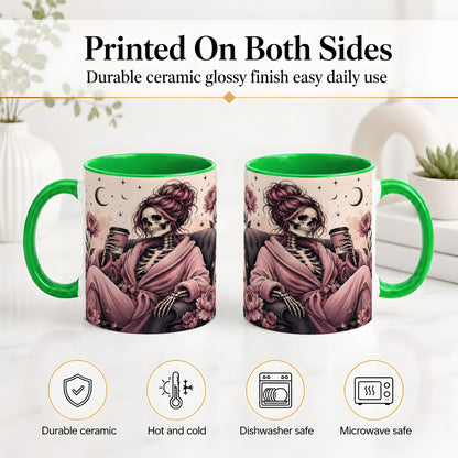 #pl[11oz|Green] Pink Skeleton Coffee Ceramic Mug, Gothic Floral Art for Coffee Fans
