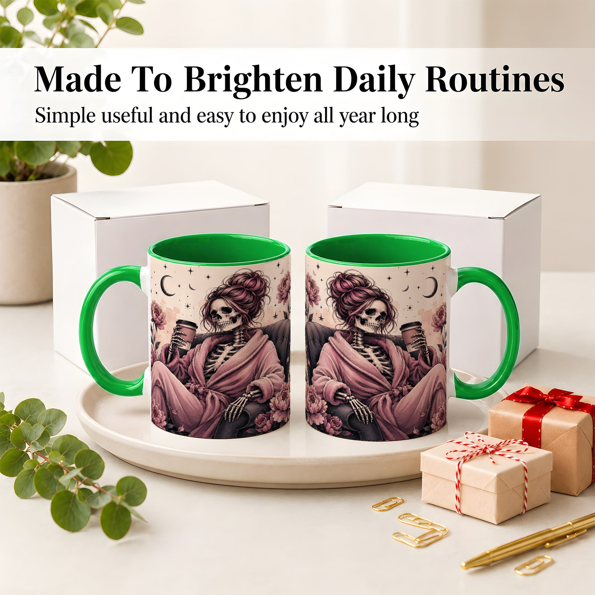 #pl[11oz|Green] Pink Skeleton Coffee Ceramic Mug, Gothic Floral Art for Coffee Fans