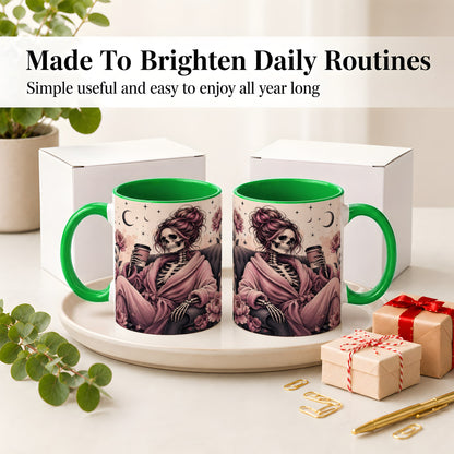 #pl[11oz|Green] Pink Skeleton Coffee Ceramic Mug, Gothic Floral Art for Coffee Fans