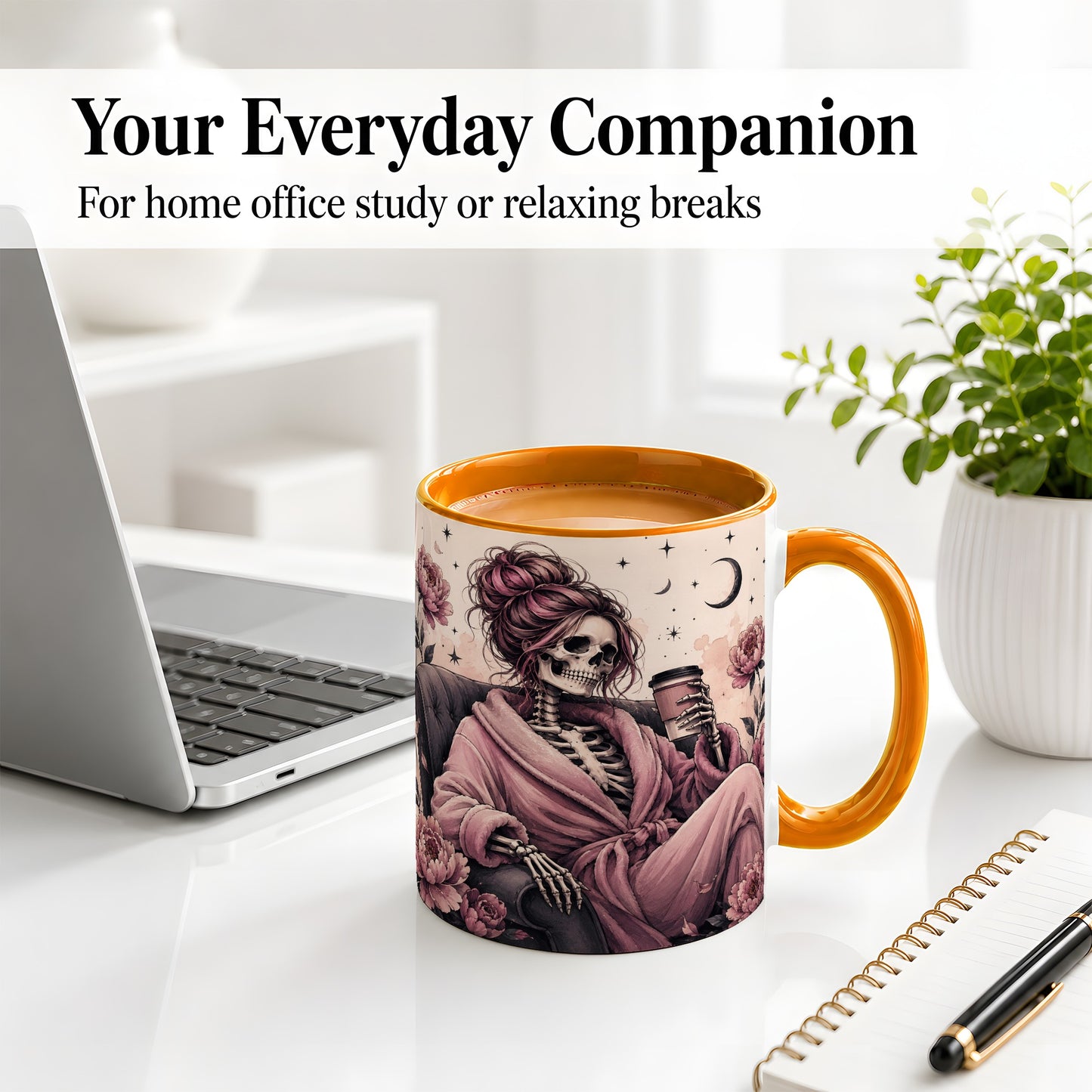 #pl[11oz|Orange] Pink Skeleton Coffee Ceramic Mug, Gothic Floral Art for Coffee Fans