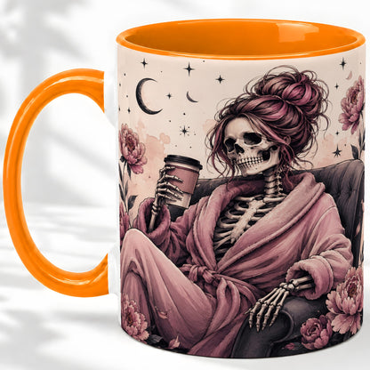 #pl[11oz|Orange] Pink Skeleton Coffee Ceramic Mug, Gothic Floral Art for Coffee Fans