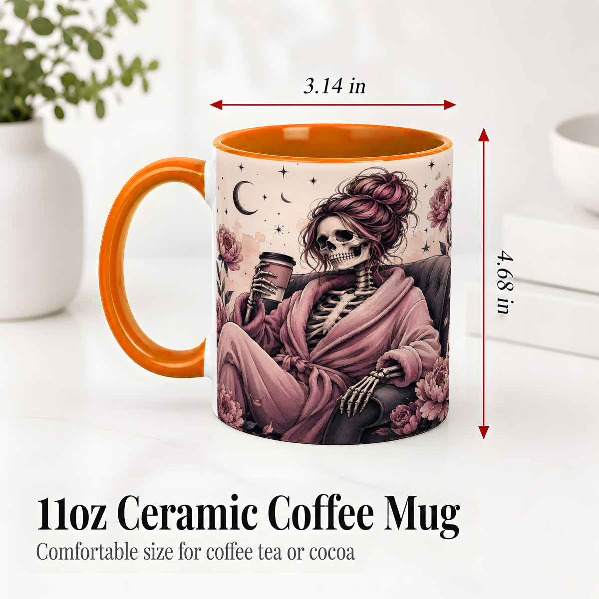#pl[11oz|Orange] Pink Skeleton Coffee Ceramic Mug, Gothic Floral Art for Coffee Fans