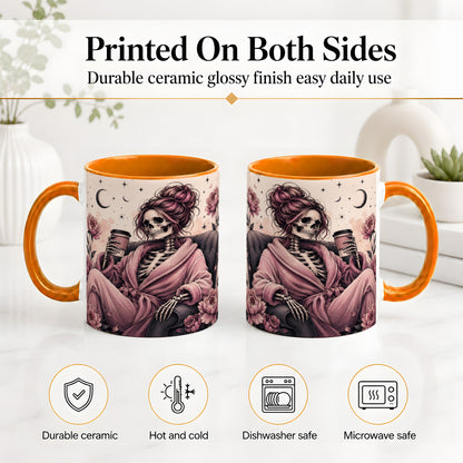 #pl[11oz|Orange] Pink Skeleton Coffee Ceramic Mug, Gothic Floral Art for Coffee Fans
