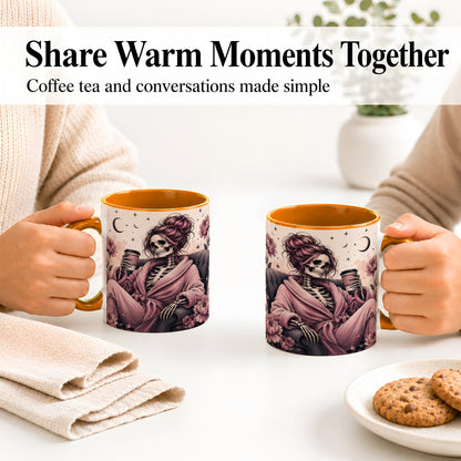 #pl[11oz|Orange] Pink Skeleton Coffee Ceramic Mug, Gothic Floral Art for Coffee Fans