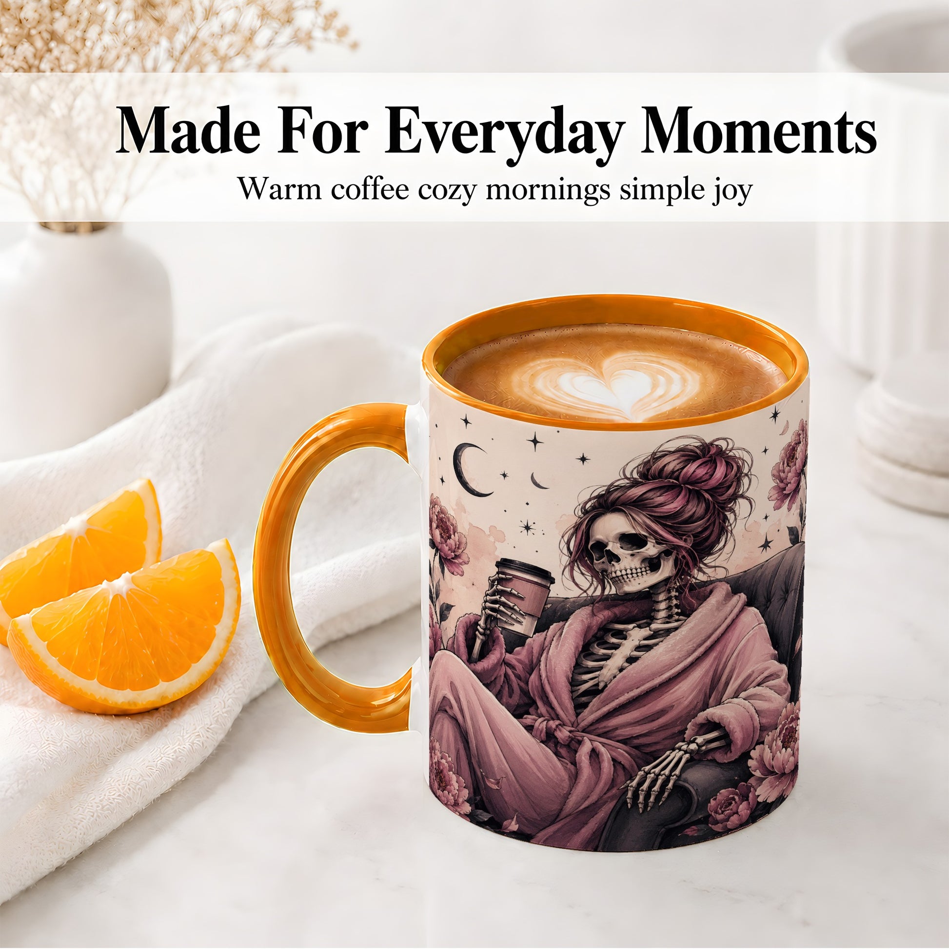 #pl[11oz|Orange] Pink Skeleton Coffee Ceramic Mug, Gothic Floral Art for Coffee Fans