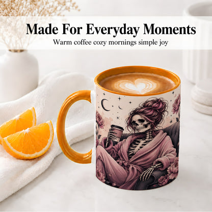#pl[11oz|Orange] Pink Skeleton Coffee Ceramic Mug, Gothic Floral Art for Coffee Fans
