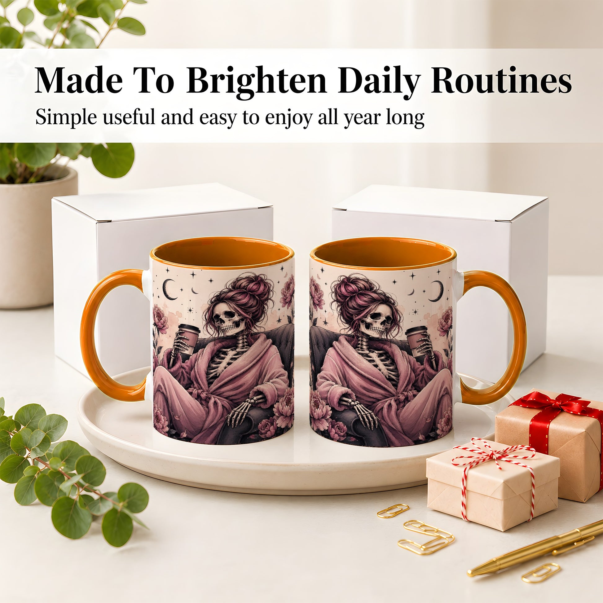 #pl[11oz|Orange] Pink Skeleton Coffee Ceramic Mug, Gothic Floral Art for Coffee Fans