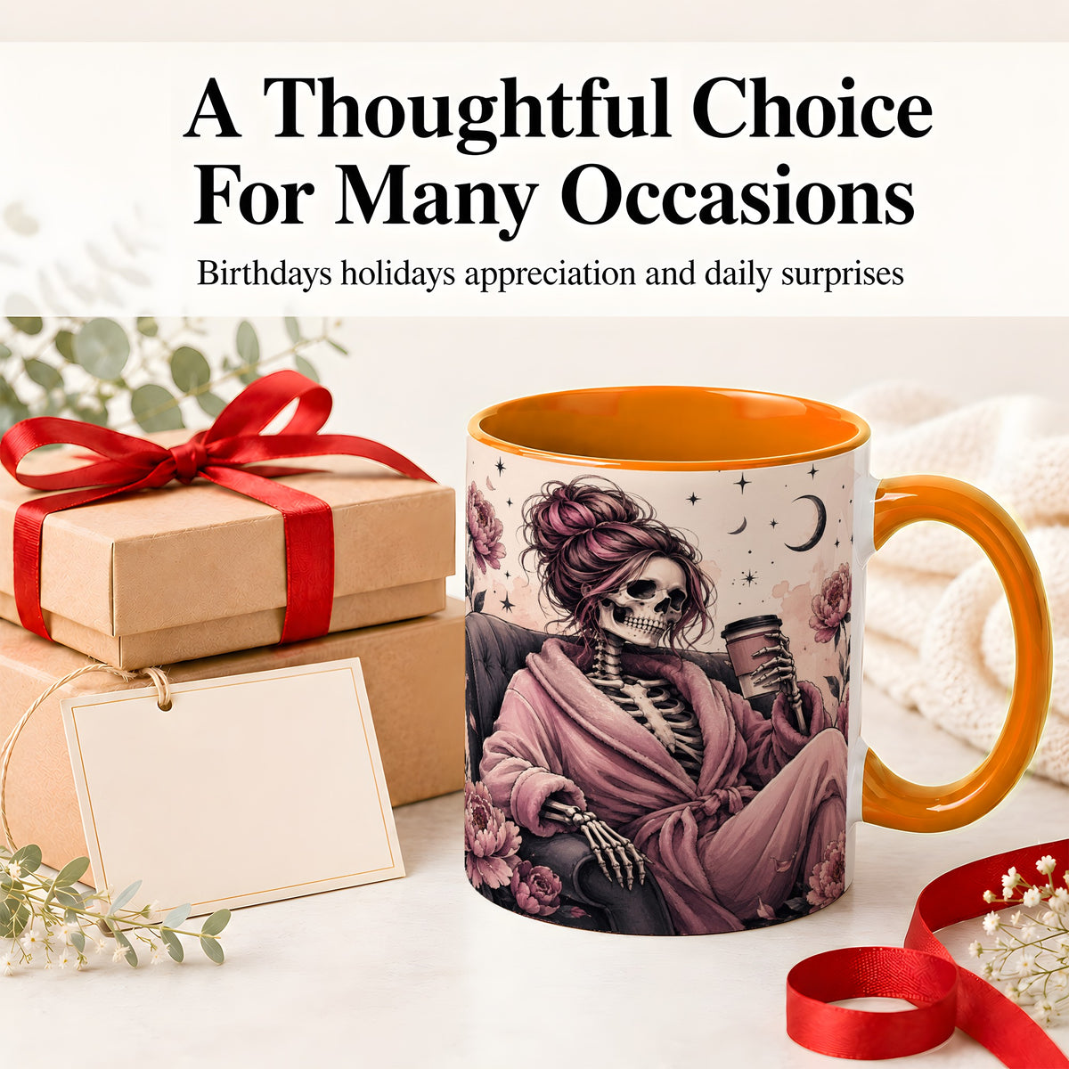 #pl[11oz|Orange] Pink Skeleton Coffee Ceramic Mug, Gothic Floral Art for Coffee Fans