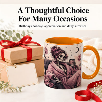 #pl[11oz|Orange] Pink Skeleton Coffee Ceramic Mug, Gothic Floral Art for Coffee Fans