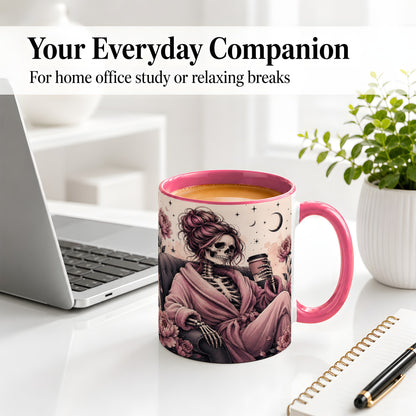 #pl[11oz|Pink] Pink Skeleton Coffee Ceramic Mug, Gothic Floral Art for Coffee Fans