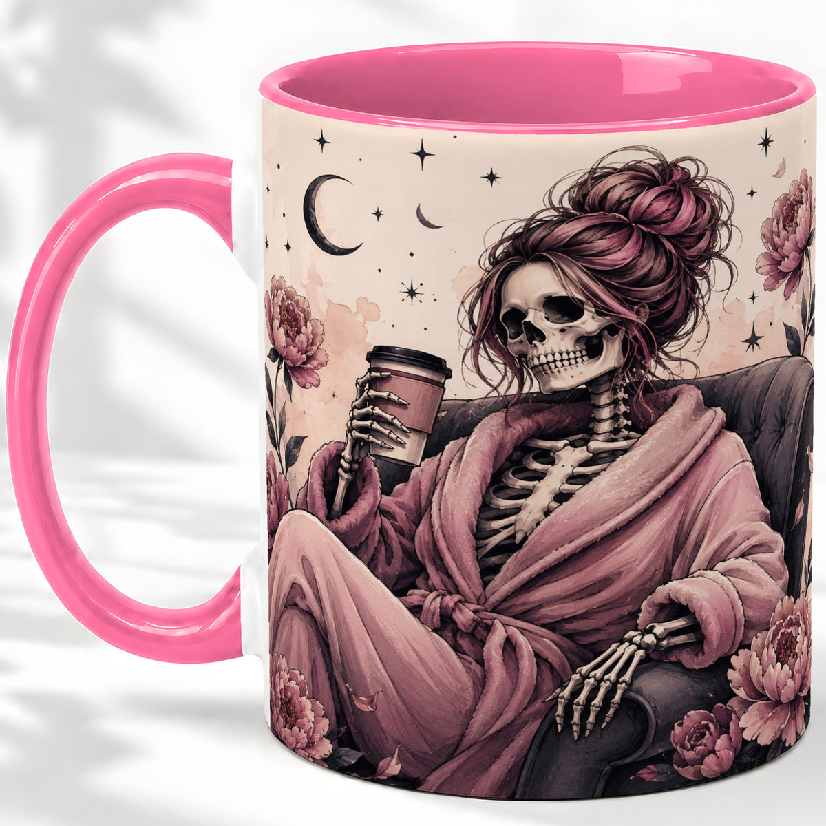 #pl[11oz|Pink] Pink Skeleton Coffee Ceramic Mug, Gothic Floral Art for Coffee Fans