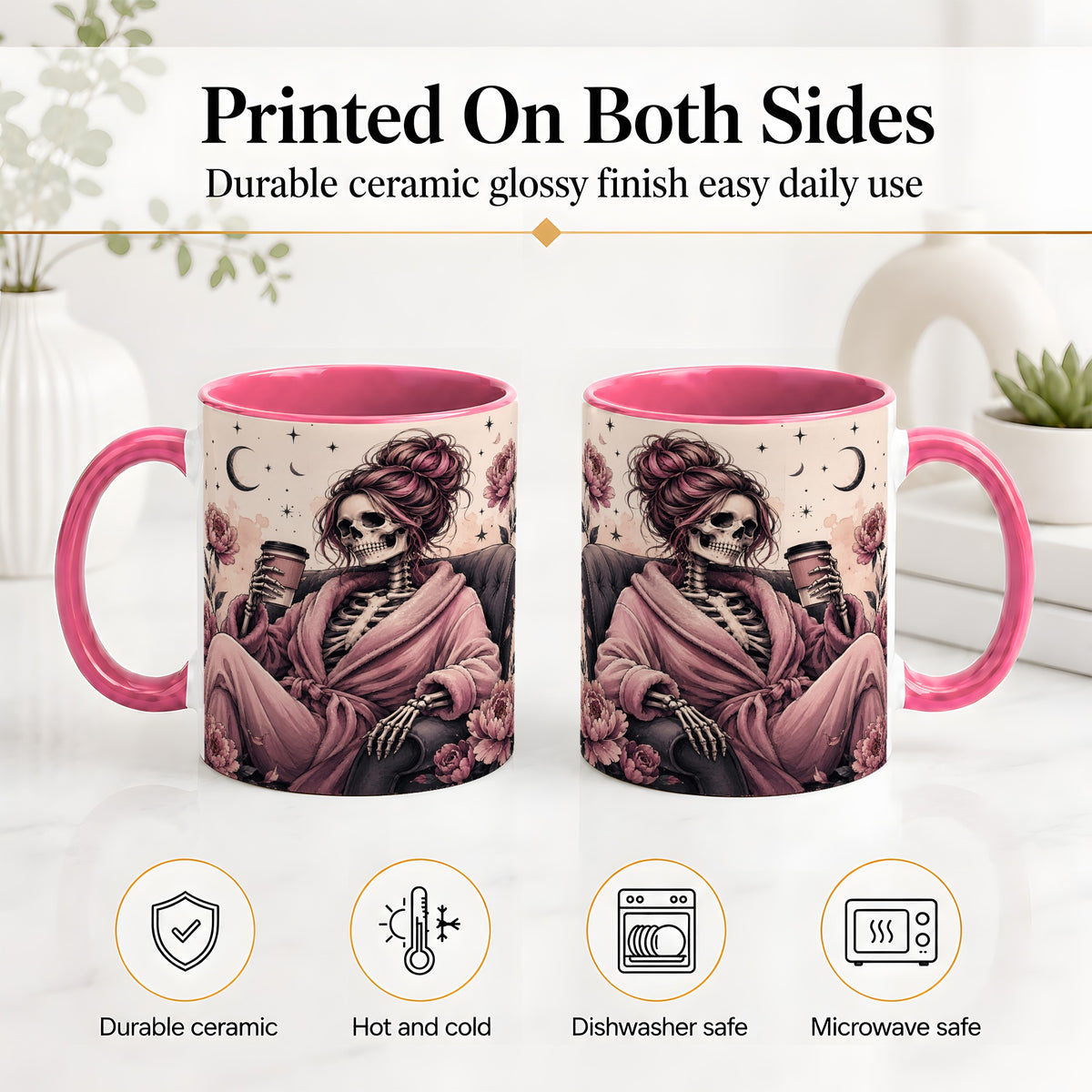 #pl[11oz|Pink] Pink Skeleton Coffee Ceramic Mug, Gothic Floral Art for Coffee Fans