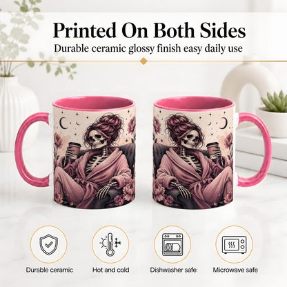 #pl[11oz|Pink] Pink Skeleton Coffee Ceramic Mug, Gothic Floral Art for Coffee Fans