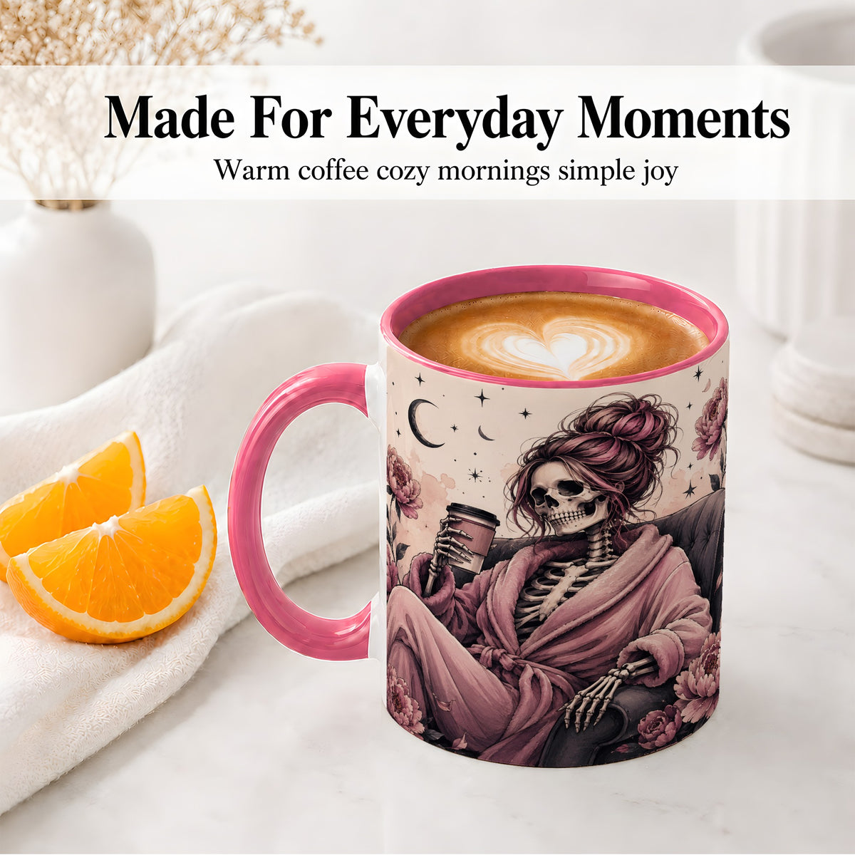 #pl[11oz|Pink] Pink Skeleton Coffee Ceramic Mug, Gothic Floral Art for Coffee Fans