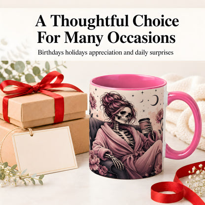 #pl[11oz|Pink] Pink Skeleton Coffee Ceramic Mug, Gothic Floral Art for Coffee Fans