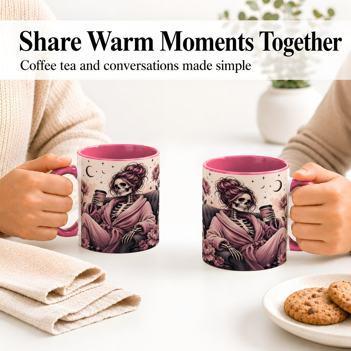 #pl[11oz|Pink] Pink Skeleton Coffee Ceramic Mug, Gothic Floral Art for Coffee Fans
