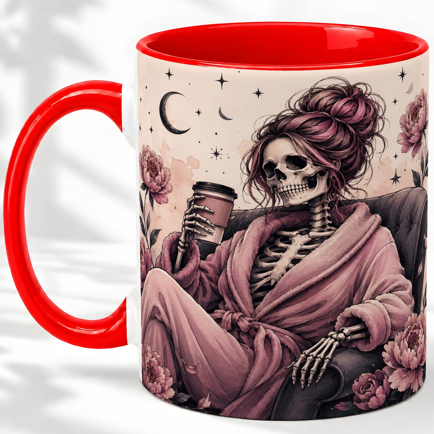 Pink Skeleton Coffee Ceramic Mug, Gothic Floral Art for Coffee Fans