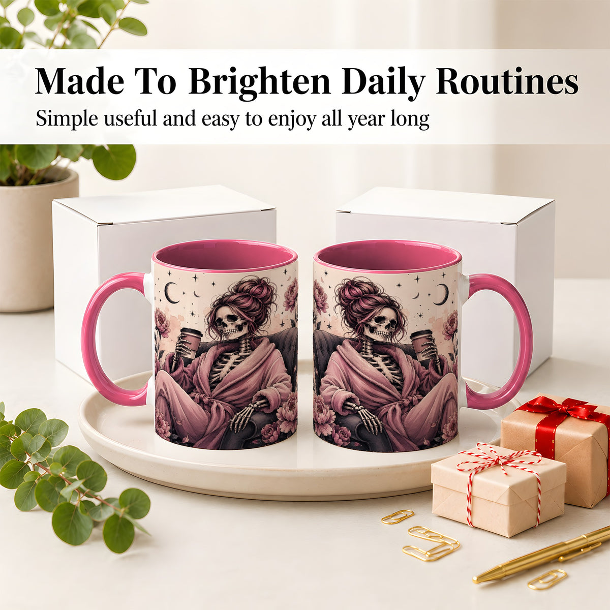 #pl[11oz|Pink] Pink Skeleton Coffee Ceramic Mug, Gothic Floral Art for Coffee Fans