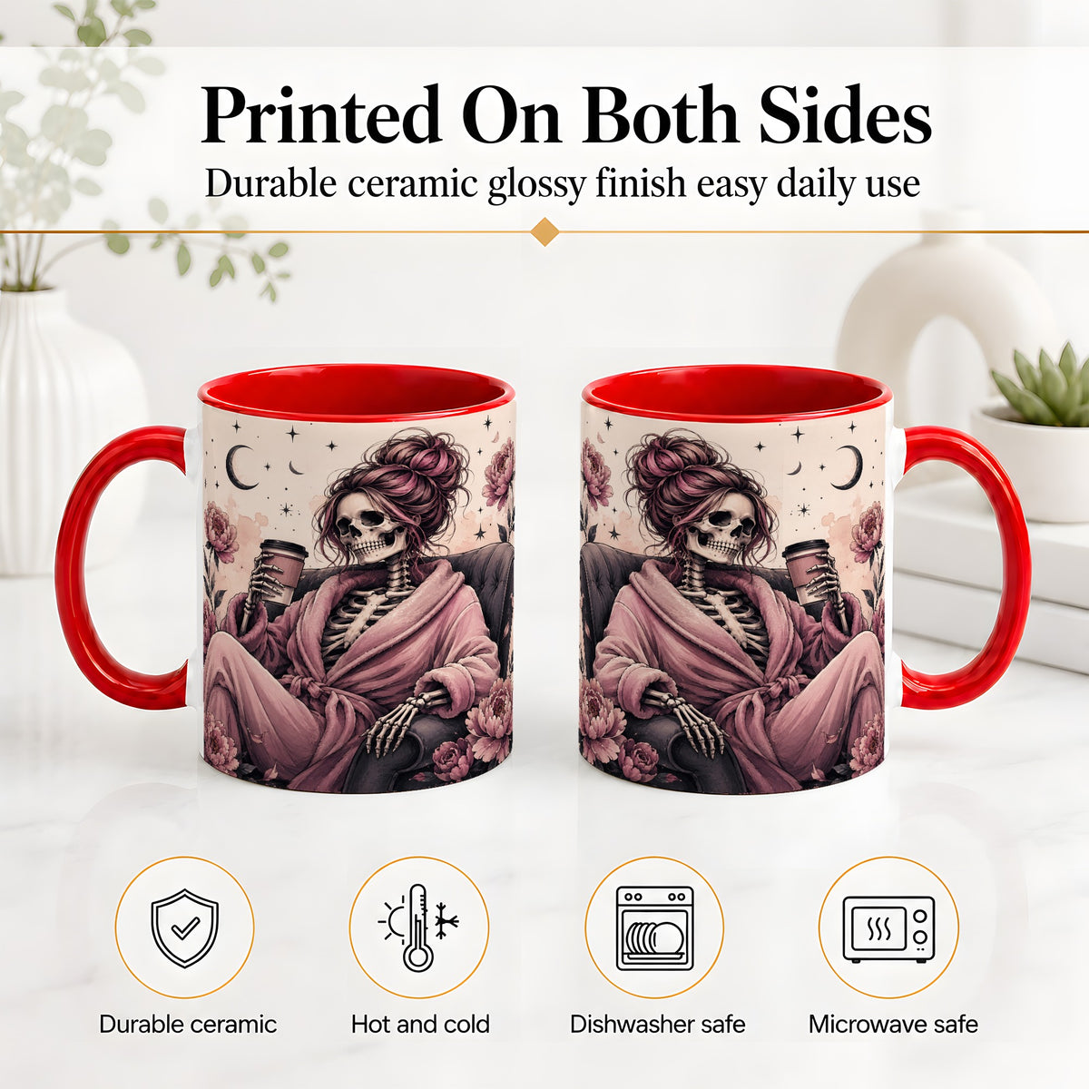 #pl[11oz|Red] Pink Skeleton Coffee Ceramic Mug, Gothic Floral Art for Coffee Fans