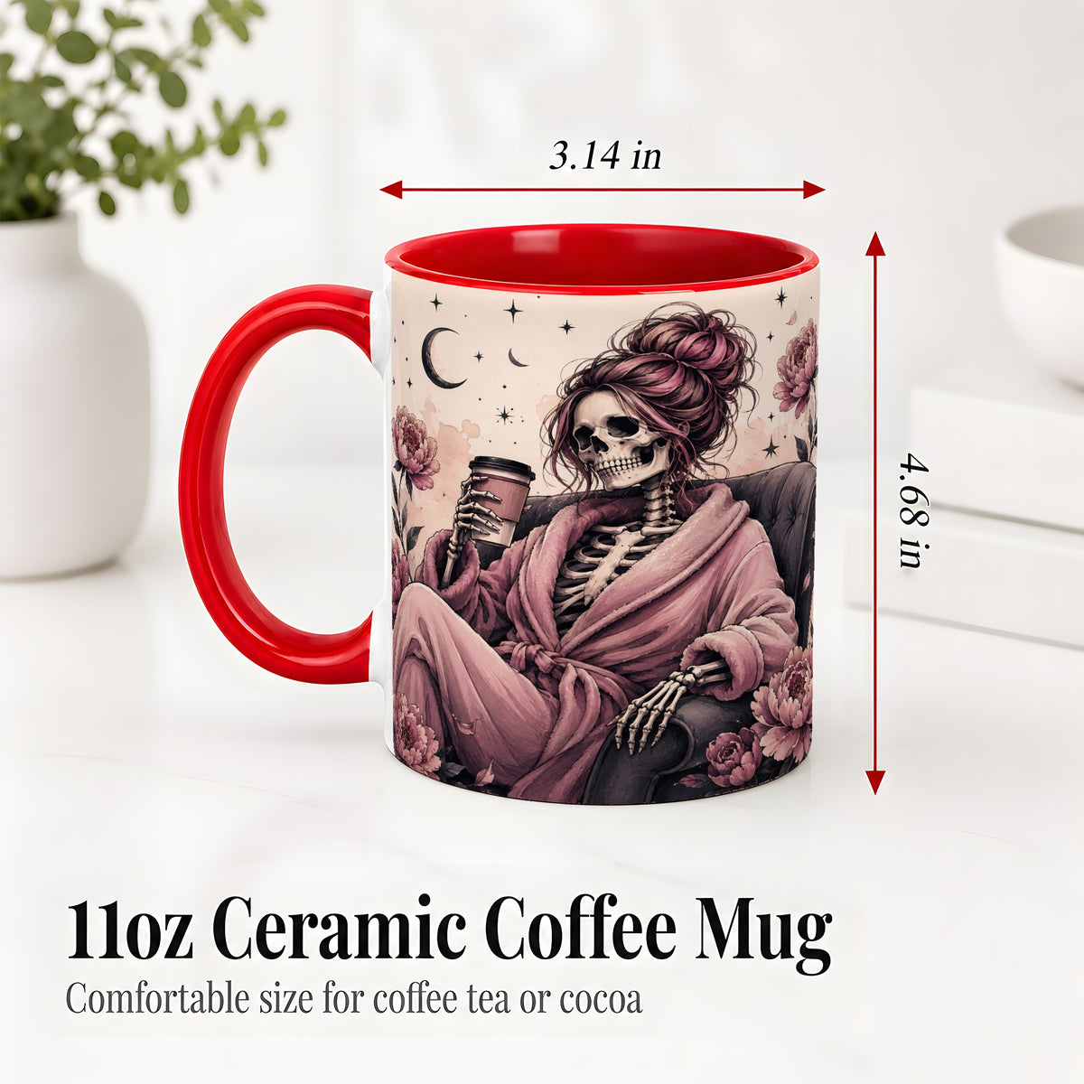 #pl[11oz|Red] Pink Skeleton Coffee Ceramic Mug, Gothic Floral Art for Coffee Fans