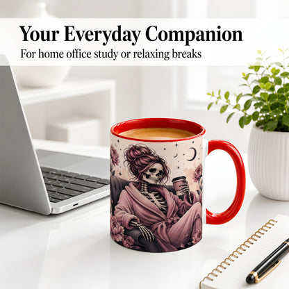 #pl[11oz|Red] Pink Skeleton Coffee Ceramic Mug, Gothic Floral Art for Coffee Fans