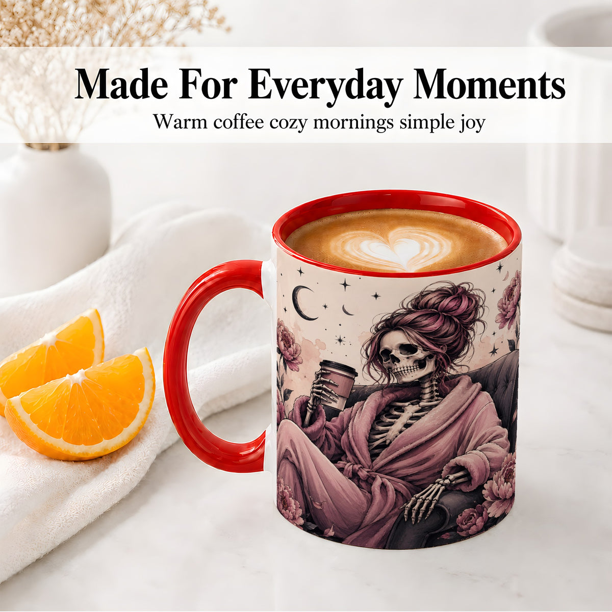 #pl[11oz|Red] Pink Skeleton Coffee Ceramic Mug, Gothic Floral Art for Coffee Fans