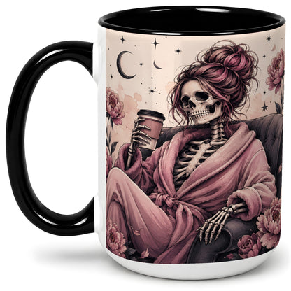 #pl[15oz|Black] Pink Skeleton Coffee Ceramic Mug, Gothic Floral Art for Coffee Fans