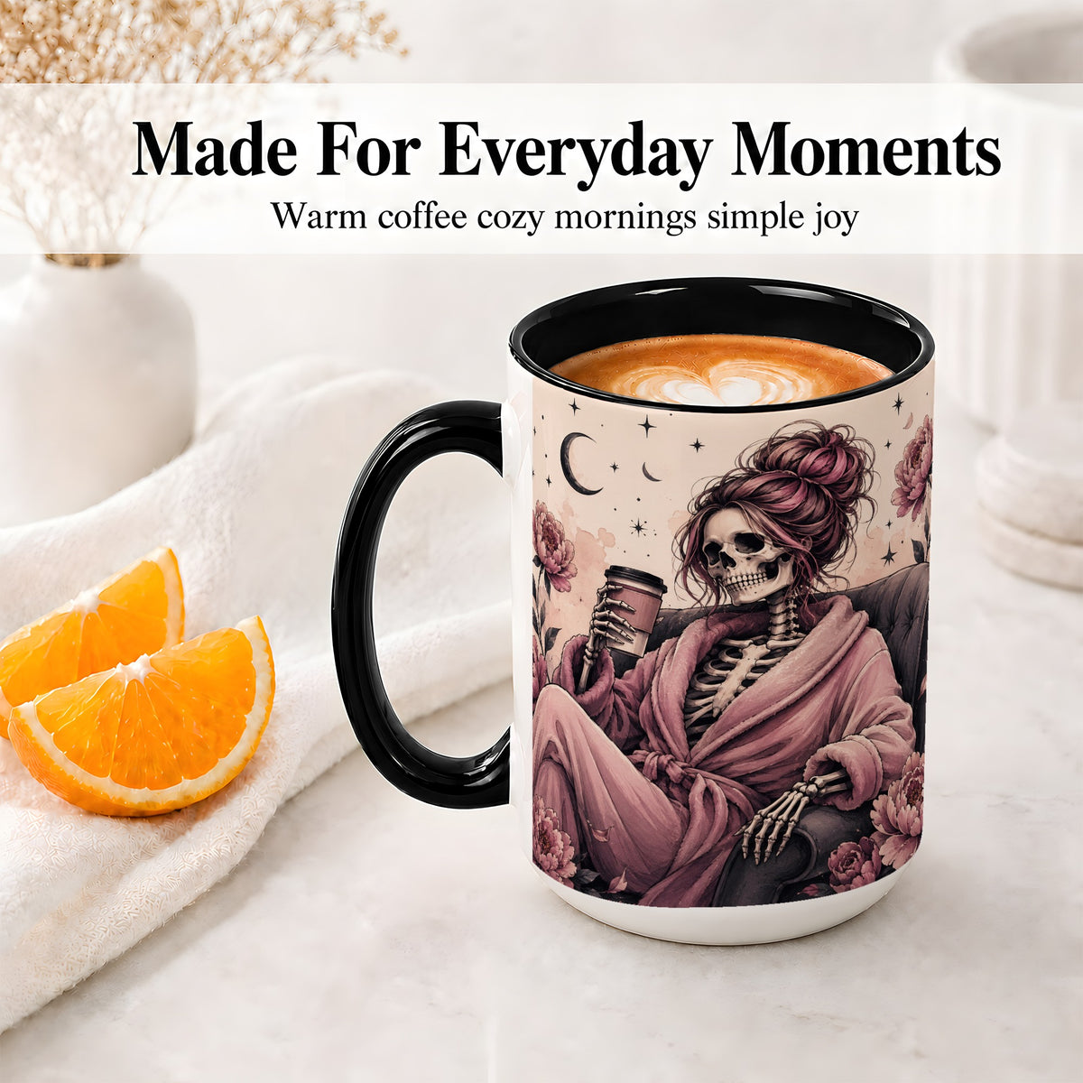 #pl[15oz|Black] Pink Skeleton Coffee Ceramic Mug, Gothic Floral Art for Coffee Fans
